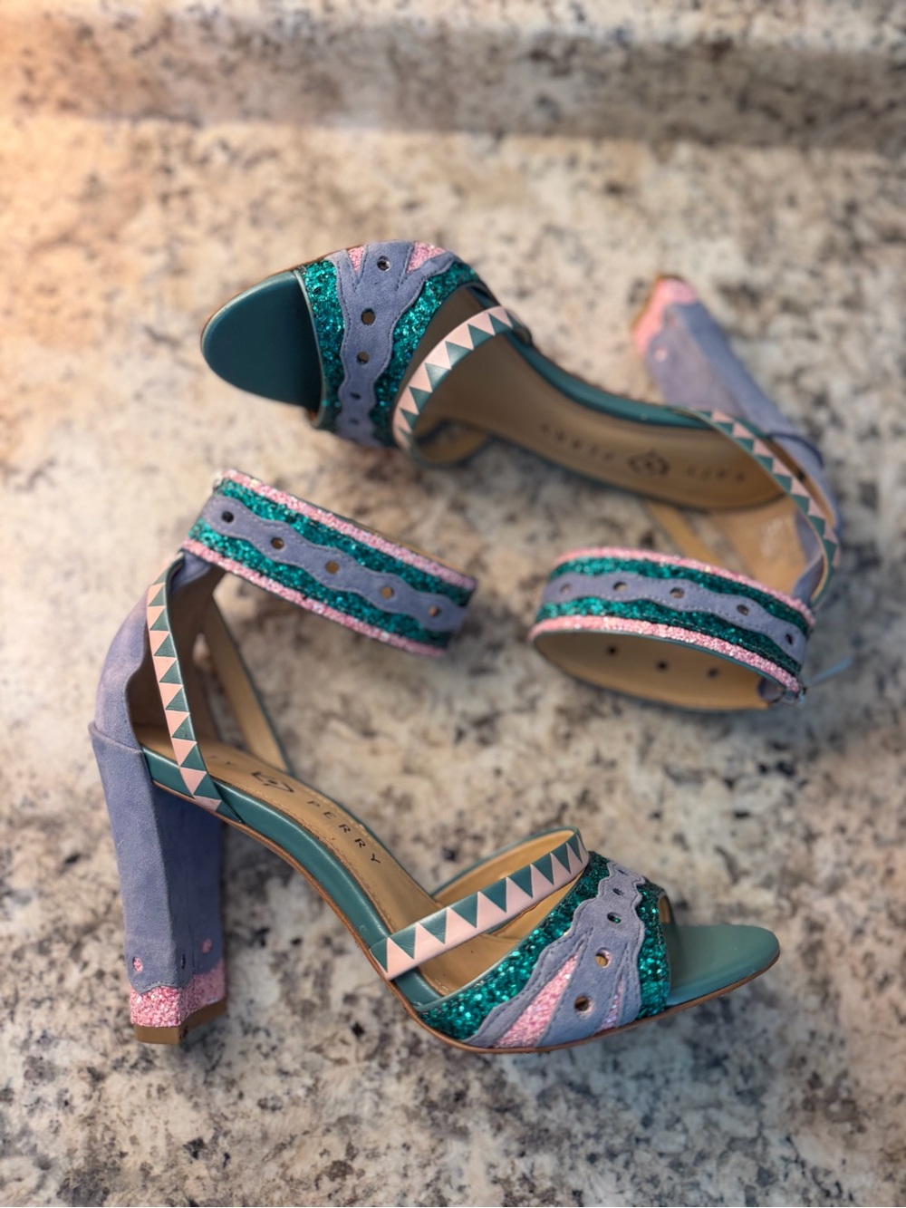 Katy Perry Collections Kai Teal, Lavender & Pink Chunky Heel Sandals Mermaid - Picture 1 of 10